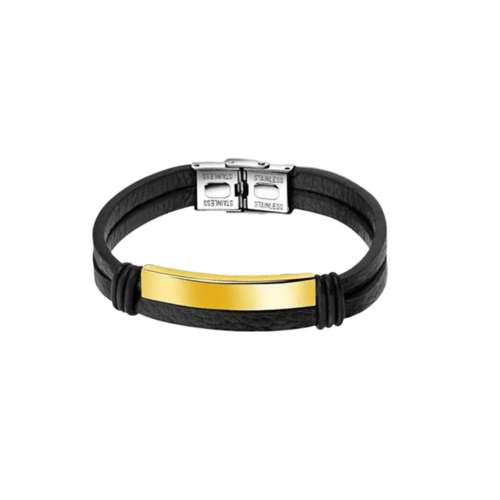 دستبند مردانه مدل  دو لایه چرم طبیعی پلاک استیل 316