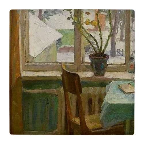زیر لیوانی  طرح نقاشی میز ناهار خوری و گلدان گل پشت پنجره کد    4824166_3697