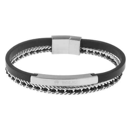 دستبند مردانه مدل اسپرت دو رج چرم و زنجیر کد 84554