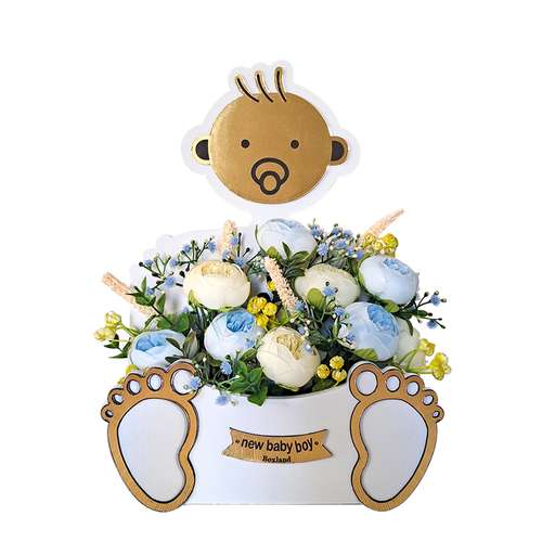 باکس گل مصنوعی مدل باکس نوزاد پسر همراه با گل پیونی