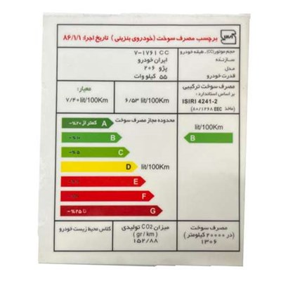 برچسب مصرف انرژی شیشه جلو خودرو وارون مدل P-668 مناسب برای پژو 206