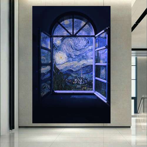 پوستر پارچه ای طرح نقاشی شب پر ستاره ونگوک مدل پنجره کد AR20510