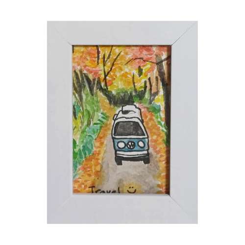 تابلو نقاشی آبرنگ طرح سفر با مینی ون در پاییز 