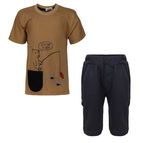 ست تی شرت و شلوارک پسرانه مدل Fishing bear رنگ قهوه ای