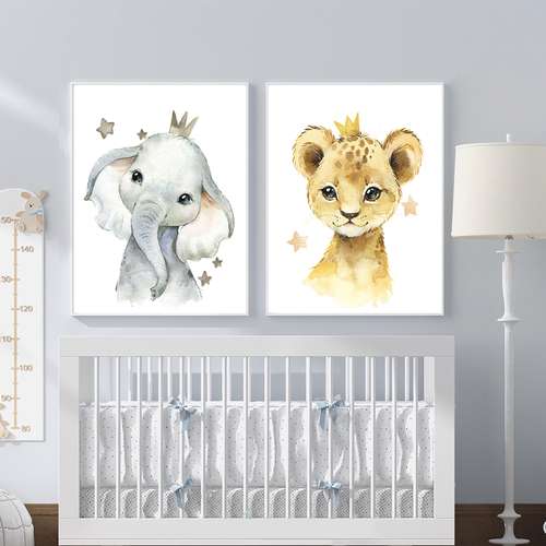 تابلو اتاق کودک و نوزاد الفاپ مدل شیر و فیل کد Watercolore Animals 002 مجموعه 2 عددی