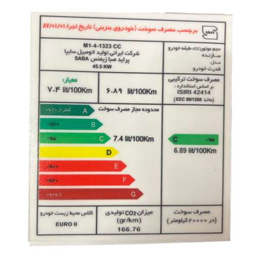   برچسب مصرف انرژی شیشه جلو خودرو وارون مدل P-292 مناسب برای پراید