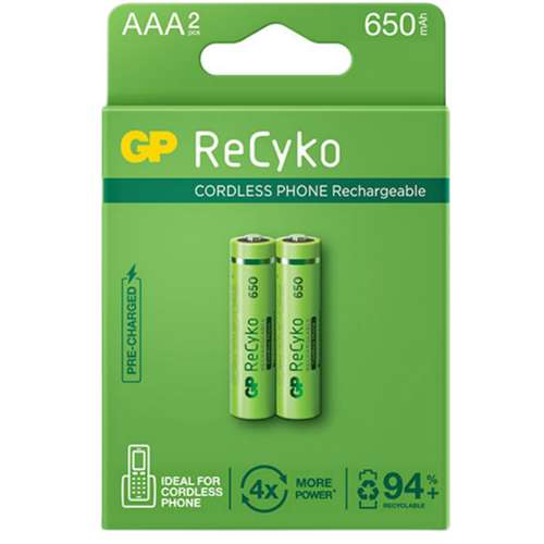 باتری نیم قلمی جی پی مدل Rechargeable Cordless phone Recyko 650 بسته دو عددی