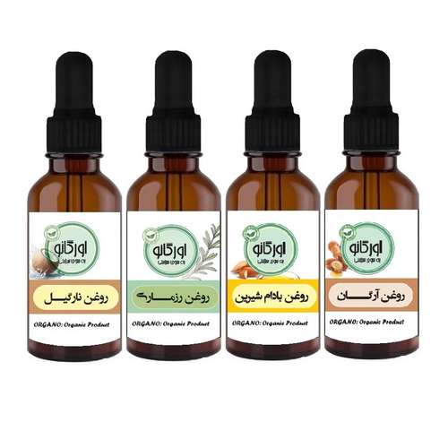 روغن مو رزماری بادام شیرین نارگیل آرگان اورگانو مدل 01 حجم 30 میلی لیتر مجموعه 4 عددی