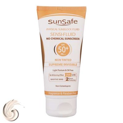 فلوئید ضد آفتاب بدون رنگ سان سیف SPF50 مدل Sensi محافظ UVA ،UVB و +++PA، تنظیم ترشح چربی پوست، مناسب پوست حساس حجم 50 میلی‌لیتر