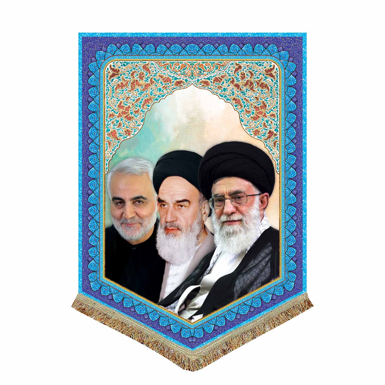پرچم مدل مذهبی طرح امام خمینی و حضرت آیت الله خامنه ای و حاج قاسم سلیمانی
