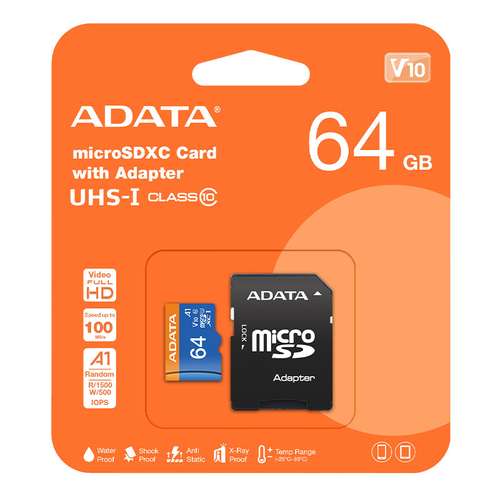 کارت حافظه microSDXC ای دیتا مدل Premier کلاس 10 استاندارد UHS-I V10 A1سرعت 100MBps ظرفیت 64 گیگابایت به همراه آداپتور