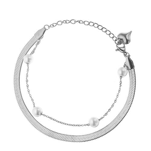 دستبند زنانه مدل زنجیر ماری با زنجیر مرواریدی آویز قلب