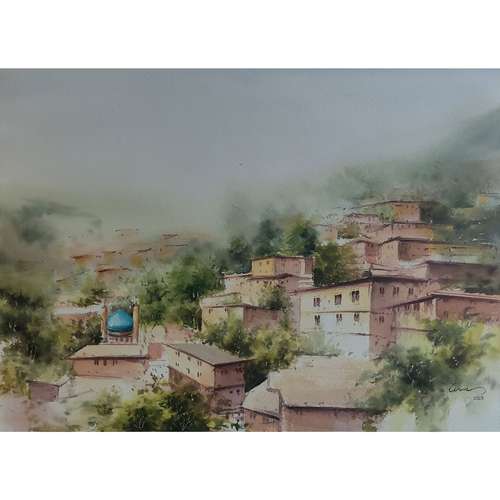 نقاشی آبرنگ طرح خانه های روستایی کد 008