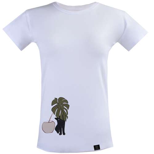 تی شرت آستین کوتاه زنانه 27 مدل گربه و برگ انجیری کد Z17 رنگ سفید