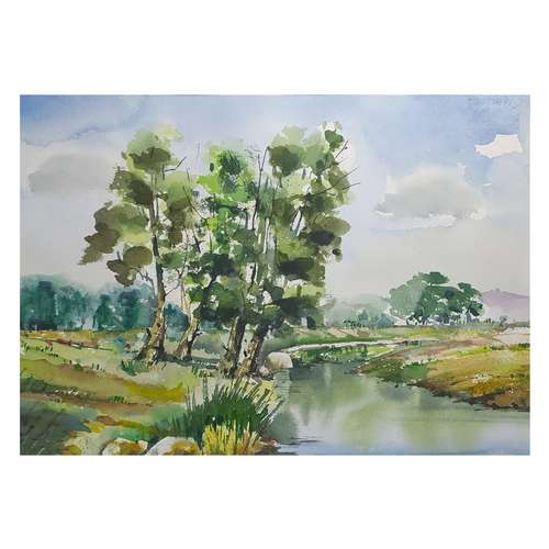 نقاشی آبرنگ طرح تابستان در کنار رودخانه کد 2
