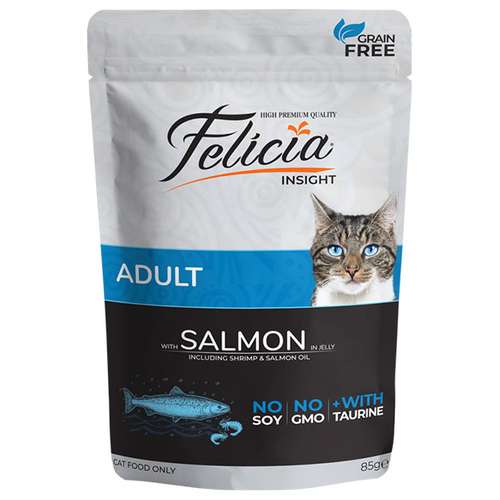 پوچ گربه بالغ فلیشیا مدل ماهی سالمون در ژله وزن 85 گرم