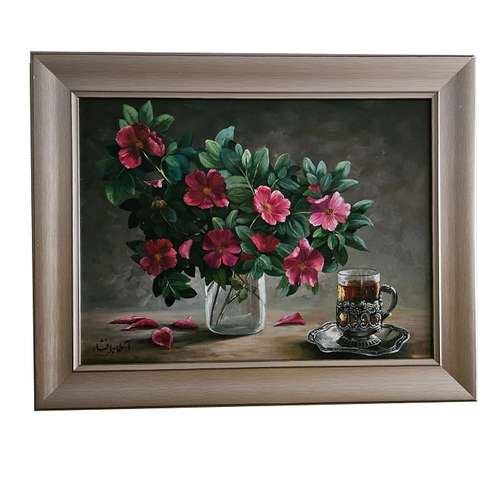 تابلو نقاشی طرح گلدان گل با استکان چای