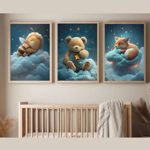 تابلو اتاق کودک مدل روباه و خرس و زنبور خواب روی ابرها مجموعه 3 عددی