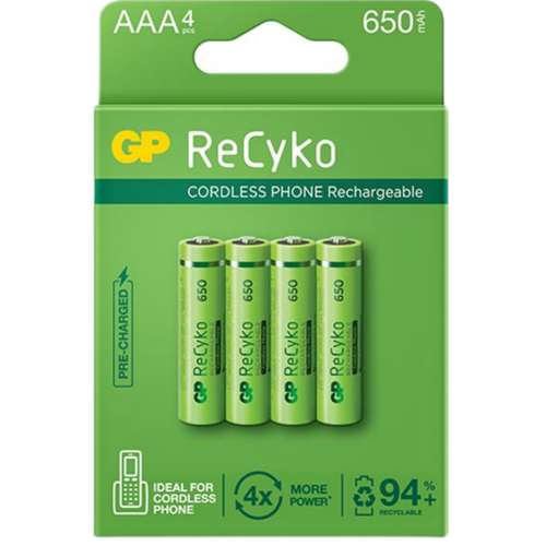 باتری نیم قلمی قابل شارژ جی پی مدل Rechargeable Cordless phone Recyko 650 بسته چهار عددی
