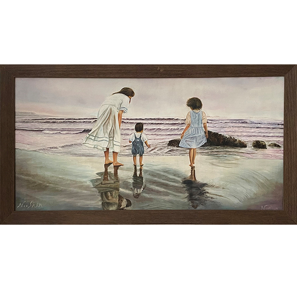 تابلو نقاشی رنگ روغن طرح مادر و فرزندان کنار دریا